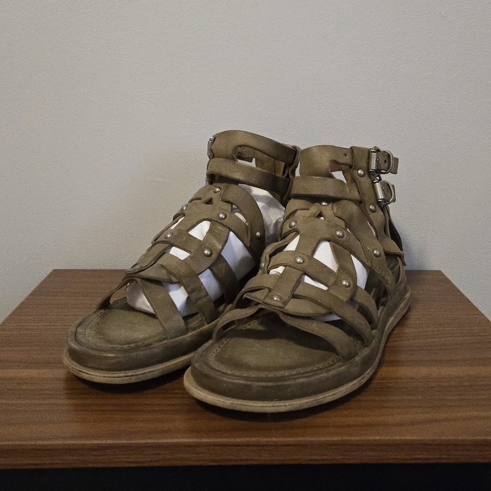 A.S.98 Jungle Green Strappy Zip Leather Sandals - Picture 4 of 6
